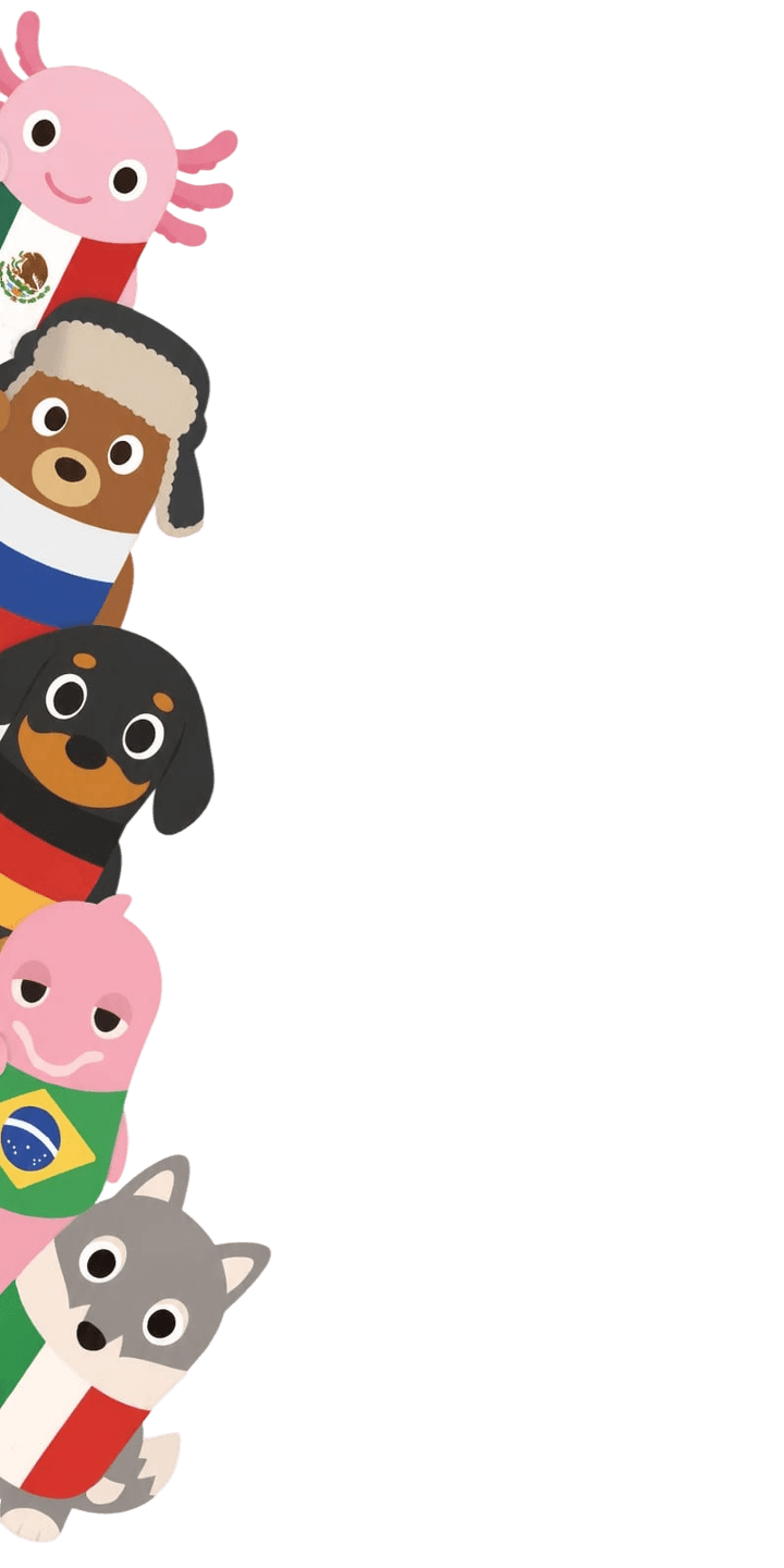 Personajes de LangPress con banderas de distintos países