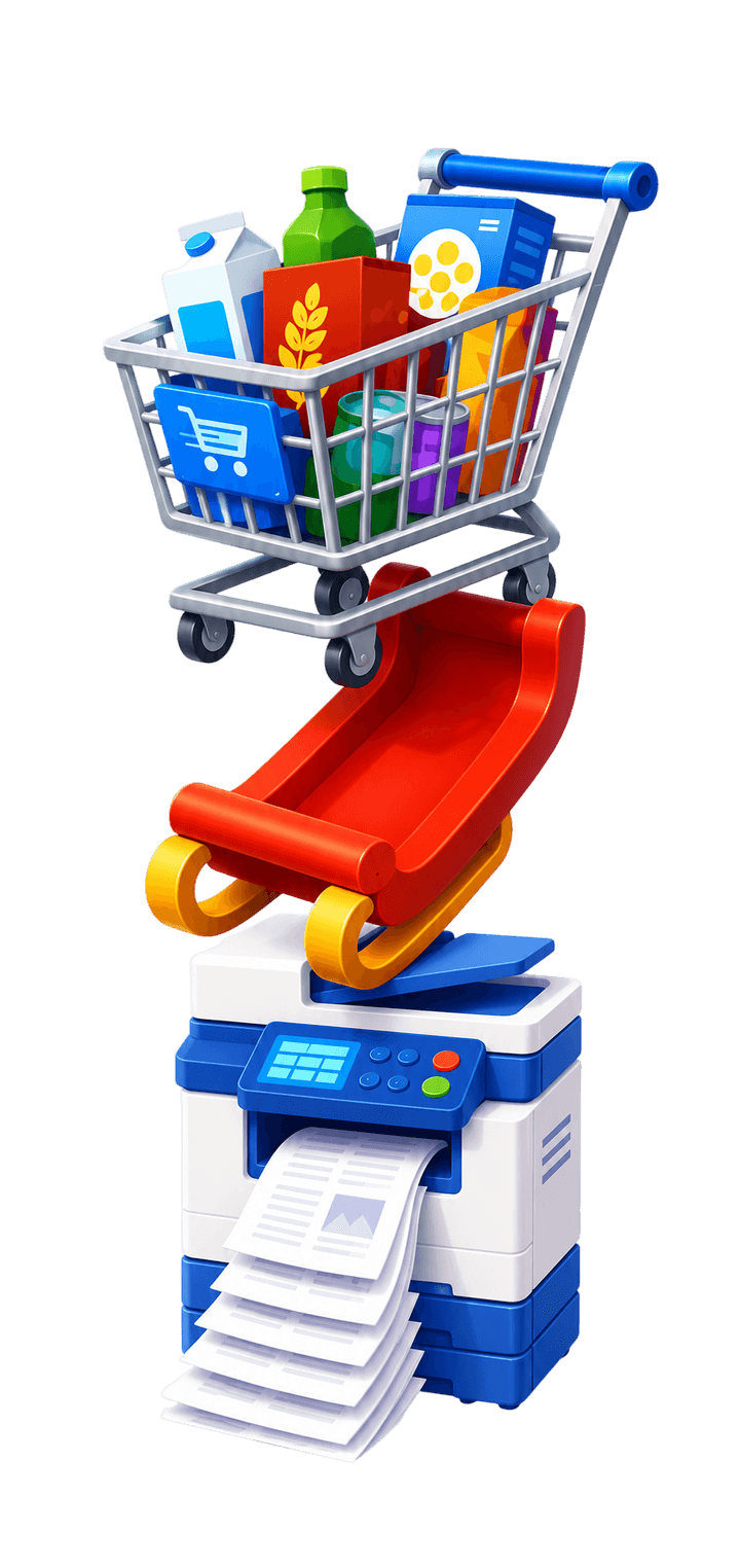 Objetos de los juegos de LangPress: un carrito de compra, un trineo y una impresora